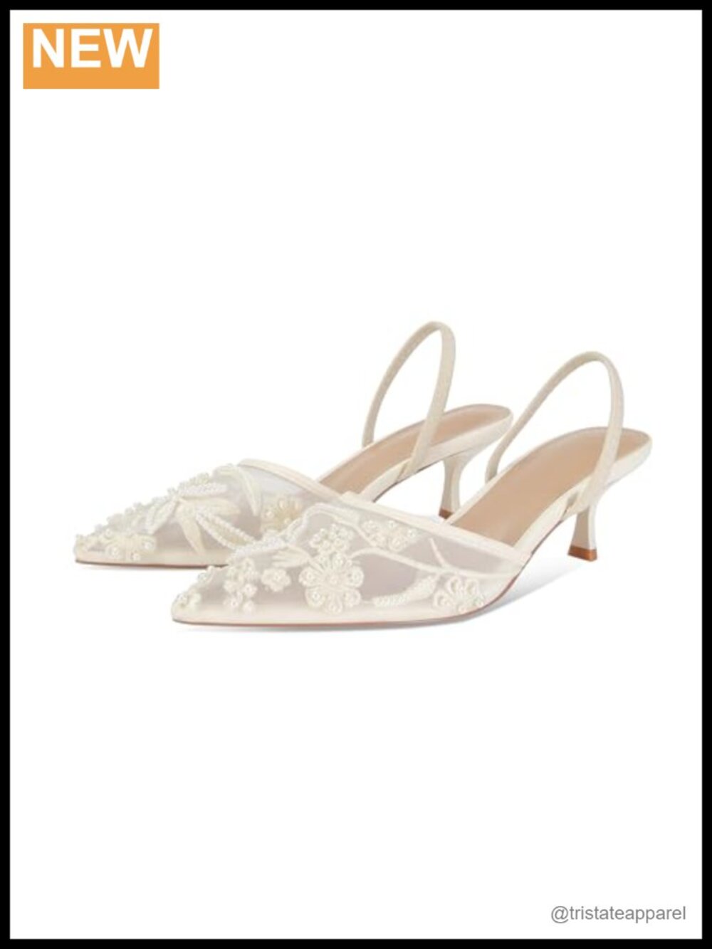 Kitten Heel Slingback Sandals Pointed Toe Embroidered Mesh Pearl Formal
